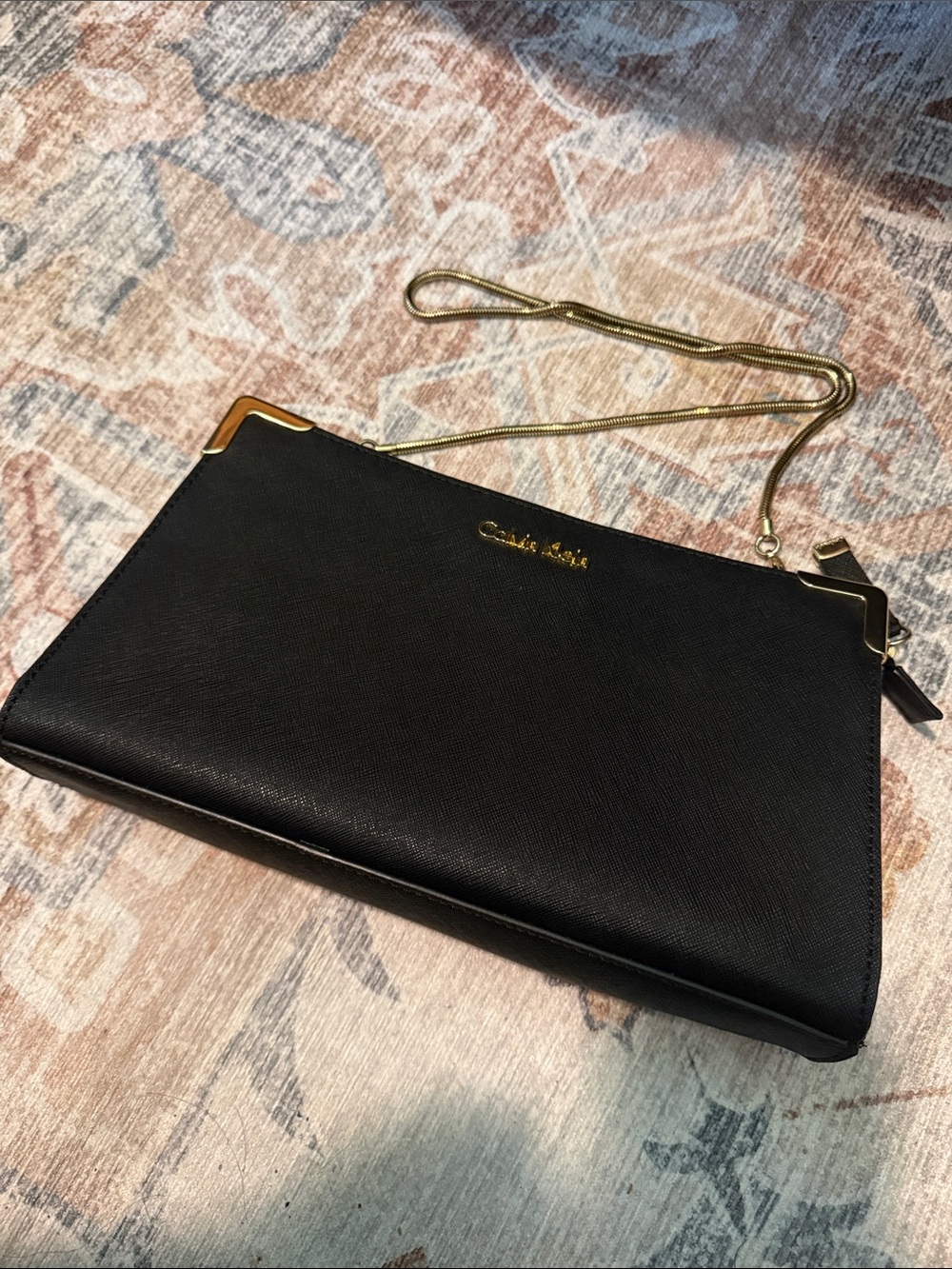 Calvin Klein Saffiano Black Leather Clutch Crossbody Handbag